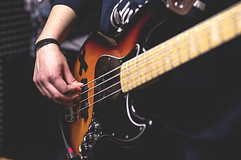 black, orange, electric, bass guitar, man, playing, bass, guitar, crafts, hobby, music
