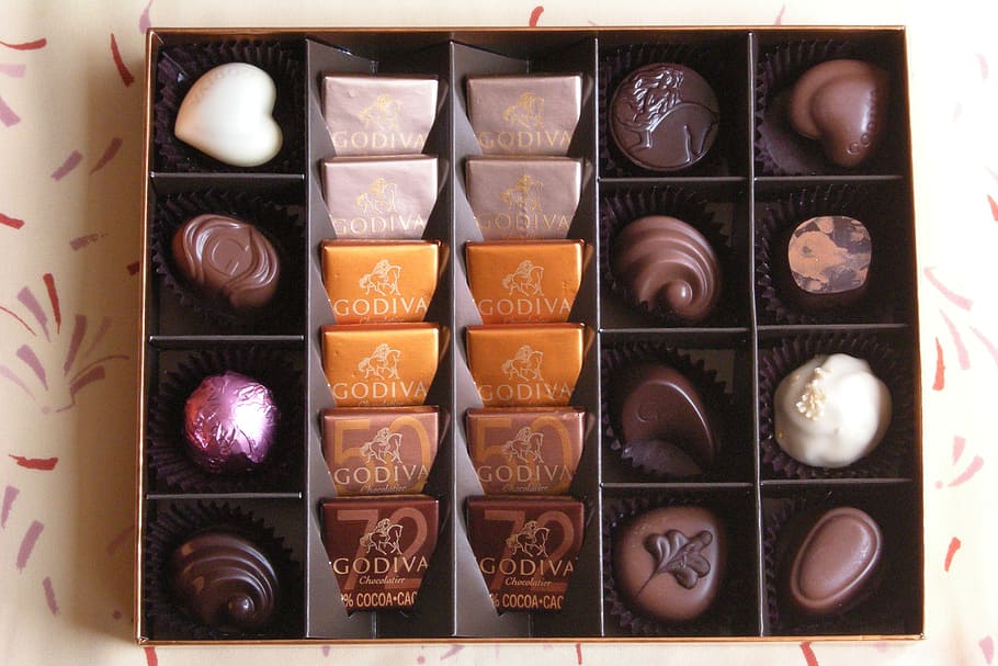 chocolates with box, chocolates, pralines, box, godiva, candy, sweet, gourmet, delicious, snack, tasty