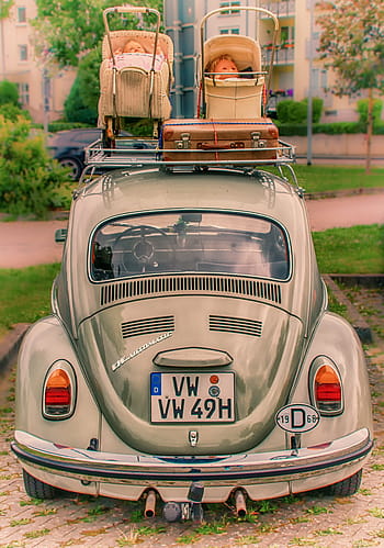 gris, Volkswagen beetle coupe, deux, beige, poussette de poupée, galerie de toit, à côté de, marron, valise, jour, vw