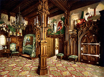 brown, wooden, house, interior, neuschwanstein, castle, bedroom, bavaria, baroque, romanesque revival, palace