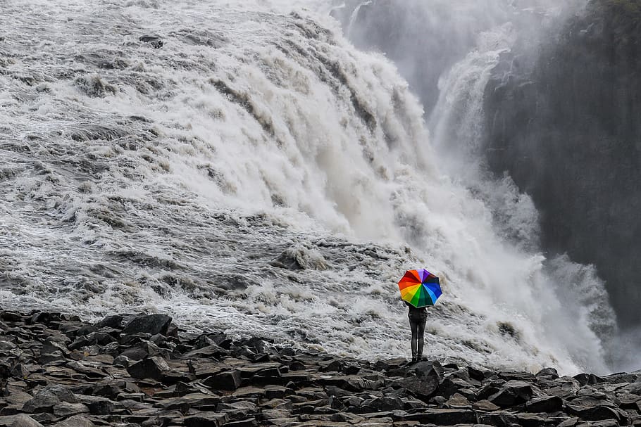 waterfall, colorful, color, dettifoss, iceland, umbrella, woman, girl, water, force, contrast