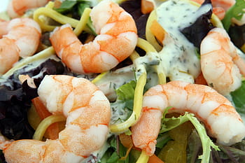 closeup, pasta, cream, shrimps, top, prawn, seafood, protein, asian, calories, catering