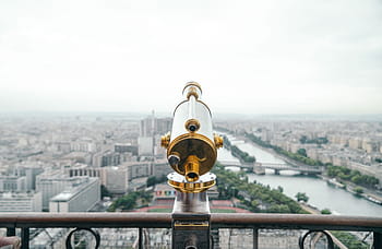 gold, stainless, steel telescope, brass, silver, steel, telescope, balcony, rail, city, day