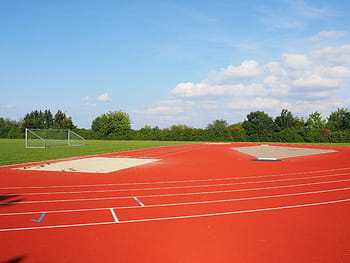 červené baseballové hřiště, sportovní hřiště, Fotbal, pole, skok do dálky, fotbalové hřiště, jáma, písek, označit, atletika, výkon
