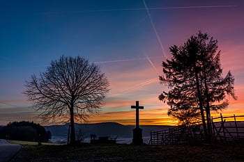 sunrise, cross, silhouette, sky, landscape