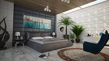 plně, zařízený, ložnice, interiér, Pohled, lůžko, zeď, dekorace, design, pokoj, místnost, uvnitř