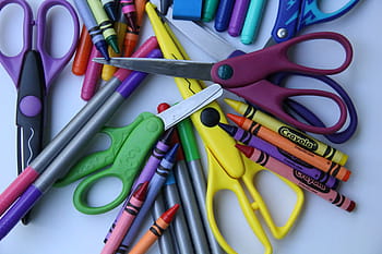 assorted-color scissors, crayola crayons, school supplies, back to school, arts and crafts, education, elementary, eraser, colorful, scissors, markers