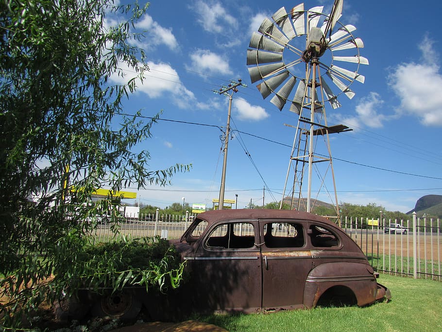 Historické auto, starý, vítr, čerpadlo, zrezivělý, vítr, čerpadlo, nebe, mraky, rustikální, retro, rezavý