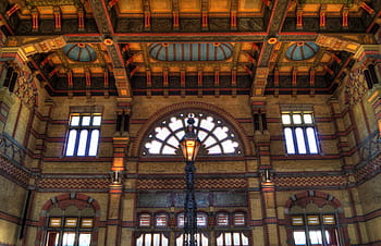 bottom view, cathedral, brown, building, glass, windows, Groningen central, train station, lamp post, ceiling, architecture