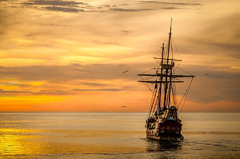marron, noir, navire galion, corps, eau, d'or, heure, le coucher du soleil, mer de bateau, navire, mer