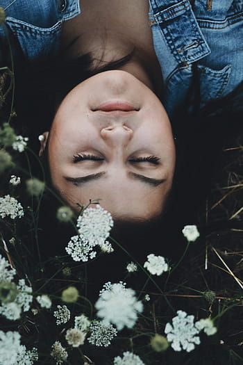 woman, lying, white, flowers, closed, eyes, people, girl, face, flower, flora