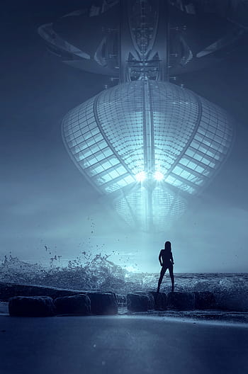 woman, standing, rock, fantasy, ufo, beach, silhouette, spray, light, sky, blue