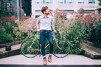 hipster, man, bicycle, fashion, lifestyle, jeans, bike, style, stylish, beard, city
