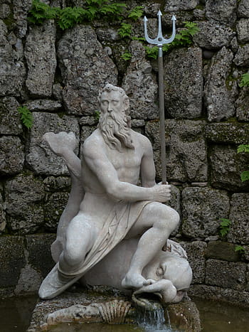 neptune, stone figure, figut, neptune's grotto, fountain, hellbrunn, salzburg, austria, trident