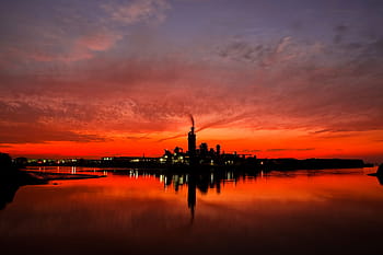 silueta, městské budovy, v noci, továrna, pouze, nebe, záře, mrak, moře, jezero, planoucí