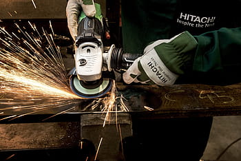 osoba, použitím, úhlová bruska, ocel, bruska, hitachi, nářadí, flexibilní, broušení, budova, loděnice
