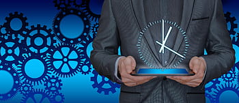 person, holding, blue, base clock, time, businessman, tablet, gears, organization, organize, optimize