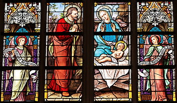 birth, jesus tiffany glass, church window, window, church, stained glass, glass, shine through, color, architecture, glass window
