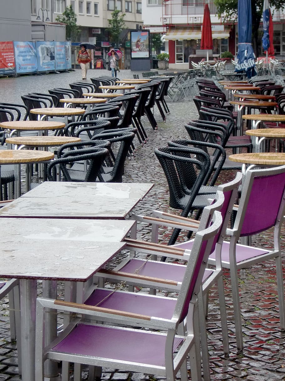 rain, chairs, street cafe, seat, cafe, moist, gastronomy, empty chairs, rainstorm, trueb, wet