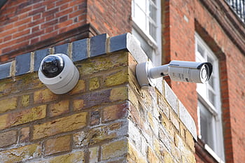 두, 흰색, 분류 된 벽, 장착, 보안 카메라, 갈색, 벽돌 벽, CCTV, 카메라, 보안, 감시