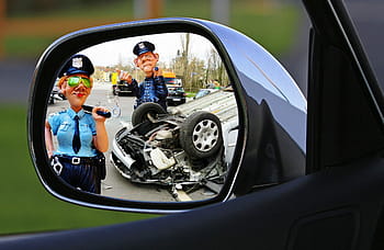 vehicle mirror, cartoon character, accident, hit and run, police, crime, traffic, cut off, criminal, cop, figure