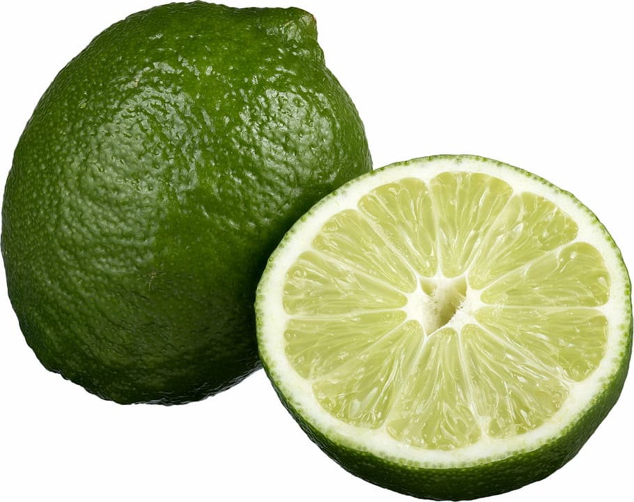 due limoni verdi, lime, lime a fette, fresco, agrume, aspro, frutta, metà, succoso, naturale, rinfrescante
