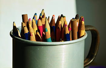 assorted, color pencil, grey, mug, colored pencils, pens, container, sheet, colorful, paint, colour pencils