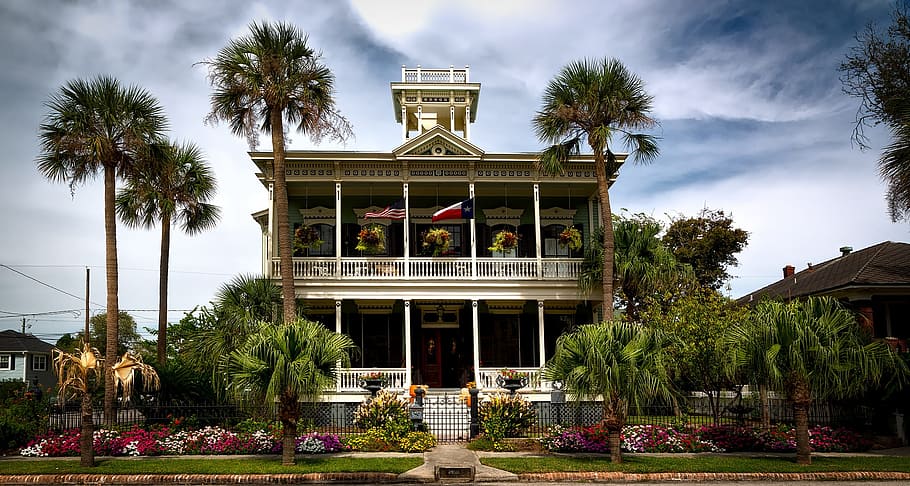 3-storey, 3- storey house, surrounded, palm trees, ruhl house, home, galveston, texas, sky, clouds, architecture