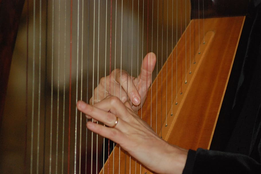 osoba hrající harfu, keltská harfa, ruce, zvuk, koncert, hudba