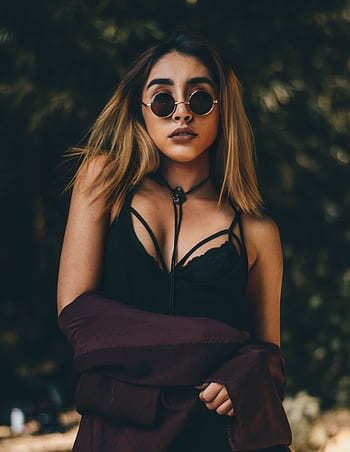 žena, dívka, sluneční brýle, Modelka, móda, Černá, bokeh, rozmazat, náhrdelník, rostlin, oblečení,