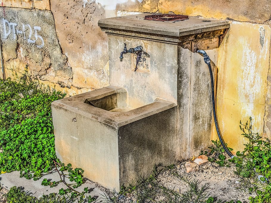 fountain, street, village, architecture, old, dherynia, cyprus, outdoors, day, close-up