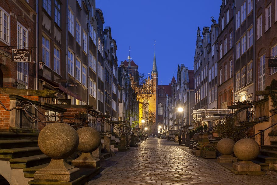 gdańsk, street, night, townhouses, monuments, old town, poland, architecture, city, tourism, monument