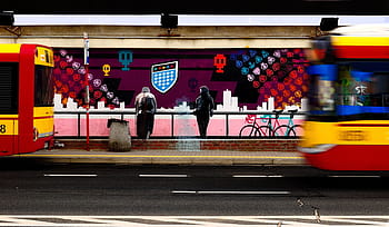 red, yellow, bus, concrete, building, land, vehicle, travel, transportation, road, street