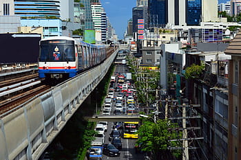 bílý, vlak, ulice, přeprava, v centru města, Bangkoku, provoz, metro, sky tramvaj, bts, Thajsko