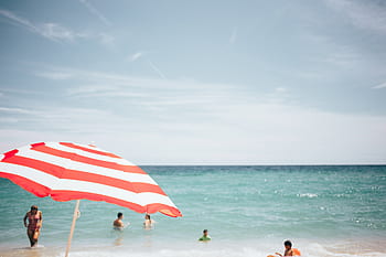 spiaggia, persone, ombrello, oceano, acqua, orizzonte, cielo, nuvole, all'aperto, nuoto, rilassare