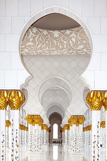 bílý, mosazná budova, interiér, Abu Dhabi, moshe, islám, budova, architektura, arabština, cestovat, náboženství