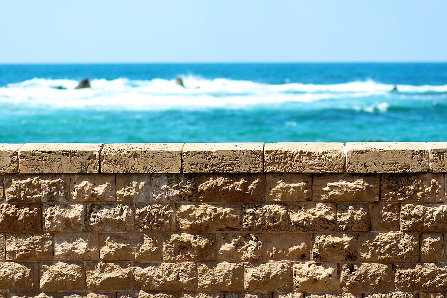selective, focus photo, brick wall, Jaffa, Israel, Sea, Fence, Heap, jaffa, israel, beach, blue