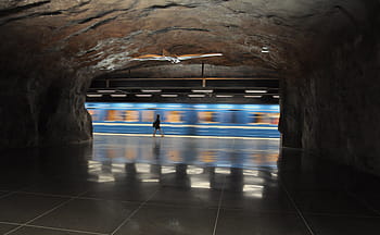 rýžování, fotografování, žena, chůze, vlak, modrý, metro, stanice, přeprava, podzemí, uvnitř