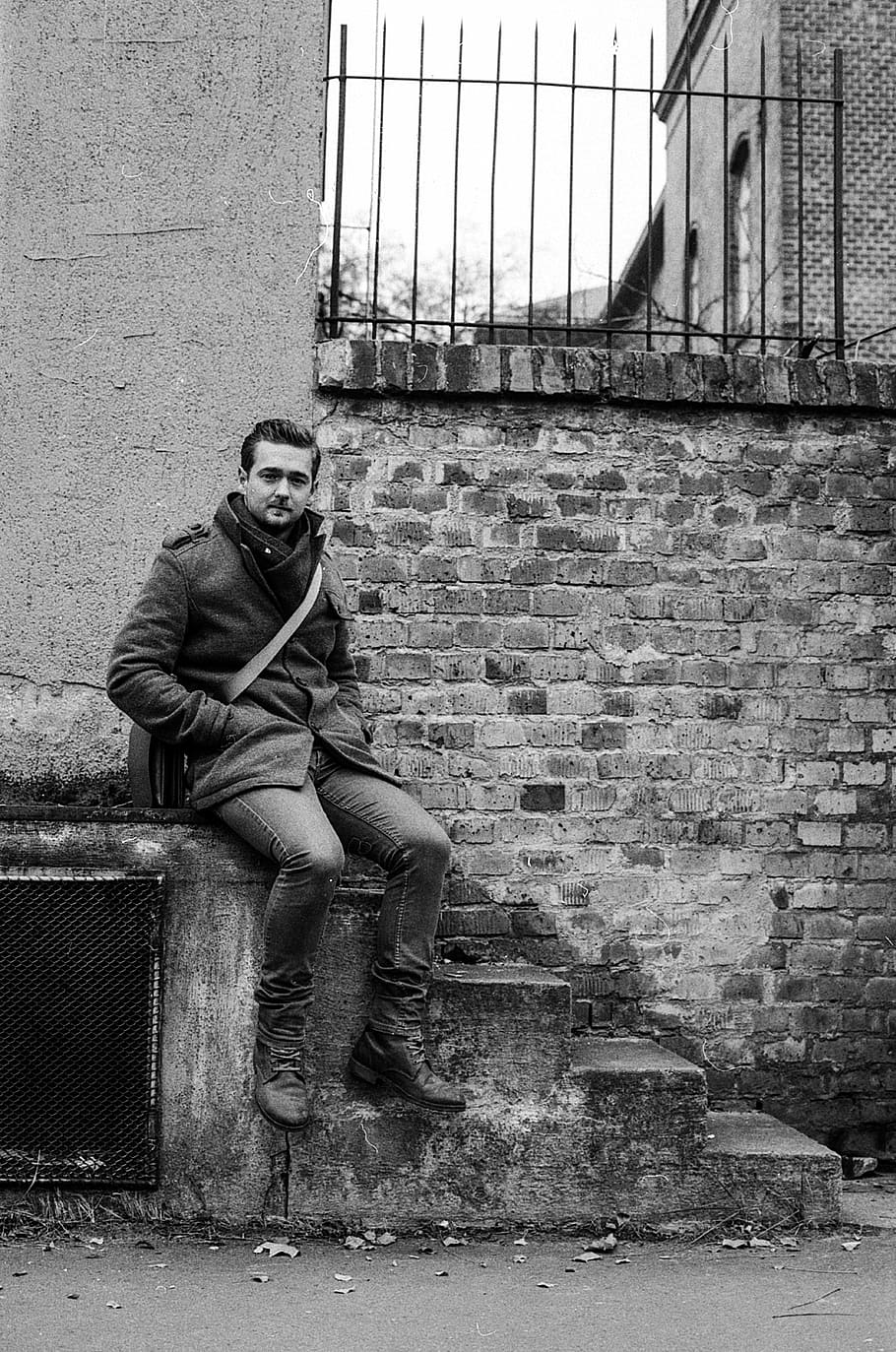 young man, sitting, stairs, young, male, people, adult, fashion, men, man, wall