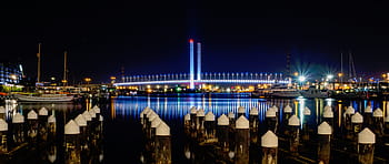 lighted, bridge, high, buildings, nighttime, landmark, architecture, city, lights, dock, water
