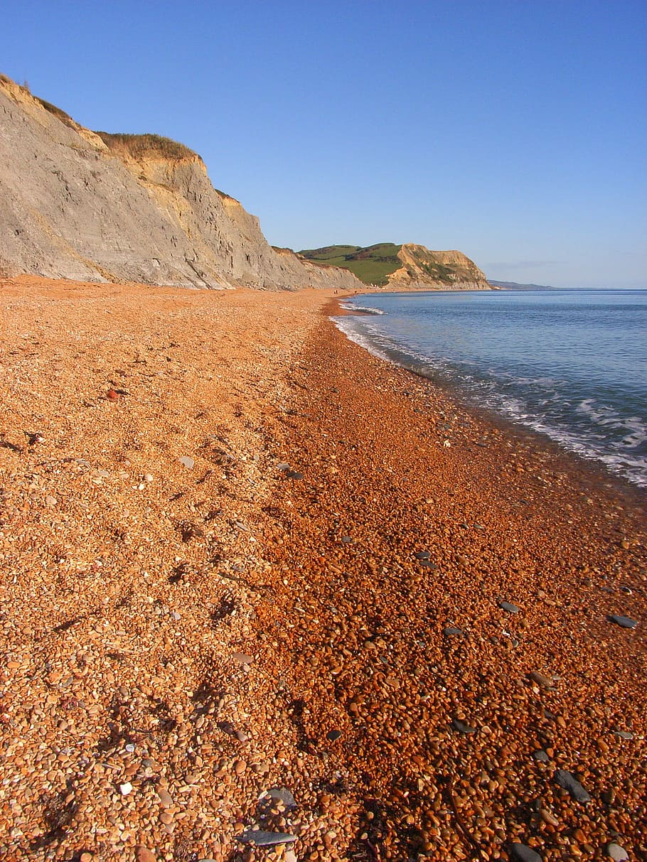 pláž, oblázky, útesy, úkryt, jihozápadní dorset, jurské pobřeží, Anglie, pobřežní čára