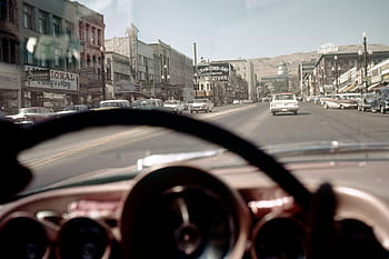 road, cars, retro, vintage, auto, old, travel, vacation, city, driving, horizon