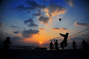 people playing volleyball, volleyball, game, beach, sunset, silhouettes, leisure, recreation, fun, teams, sky