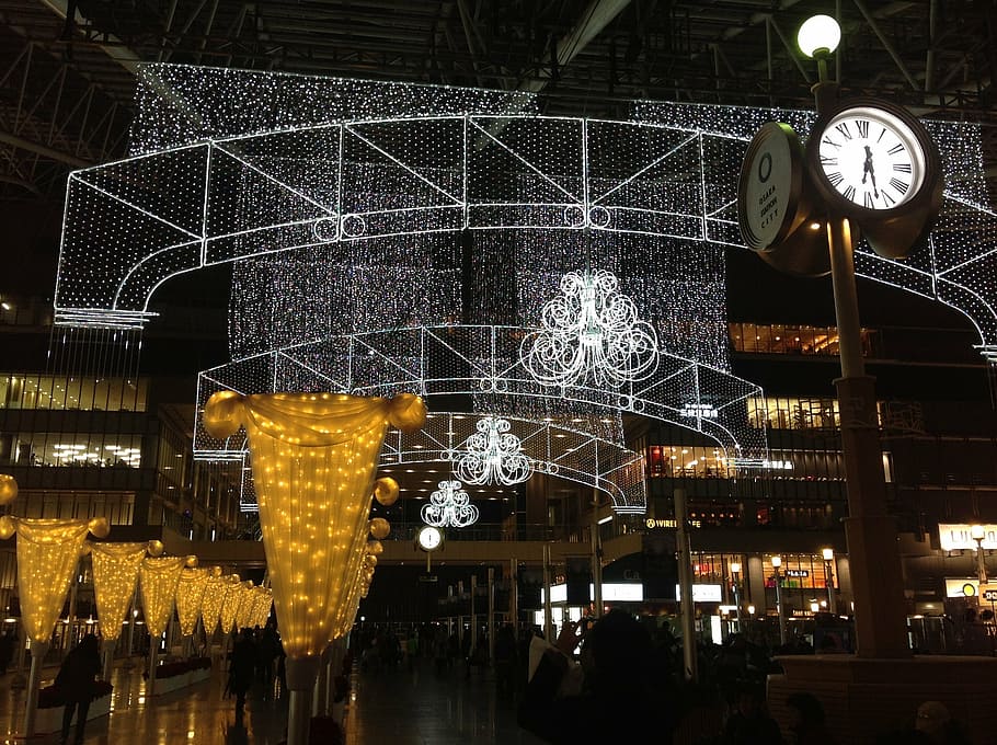 oil etc, light, osaka, clock, subway station, christmas, christmas celebration, station, umeda station, illuminations, night
