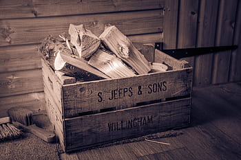 rustic, crate, wood, carry, transport, firewood, log, chopped, shed, cabin, door