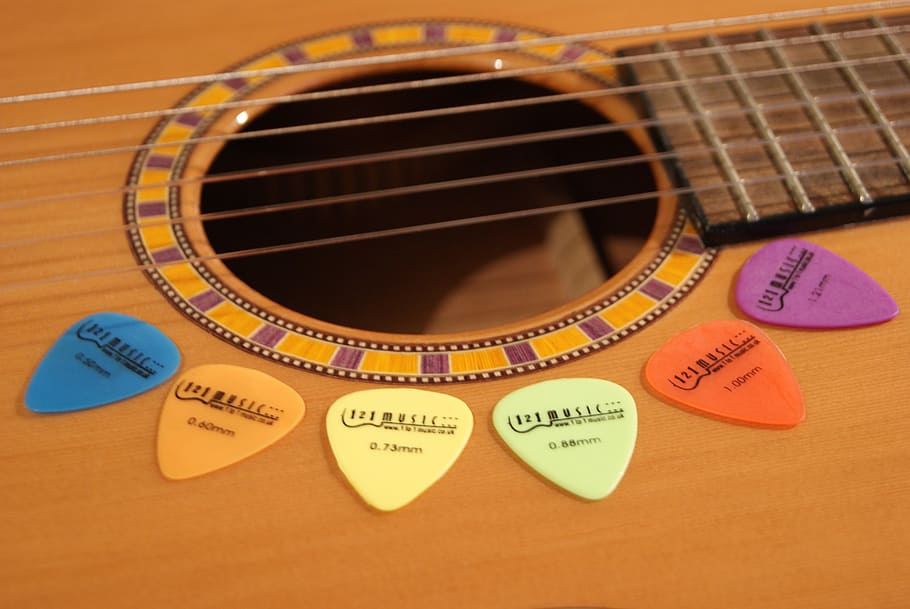 kytara, plectrums, strunný nástroj, otvor, tělo, výběr, plectrum, nástroj, hudba, zvuk, dřevo