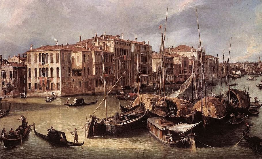 boat painting, giovanni canaletto, landscape, art, artistic, painting, oil on canvas, sky, clouds, trees, scenic