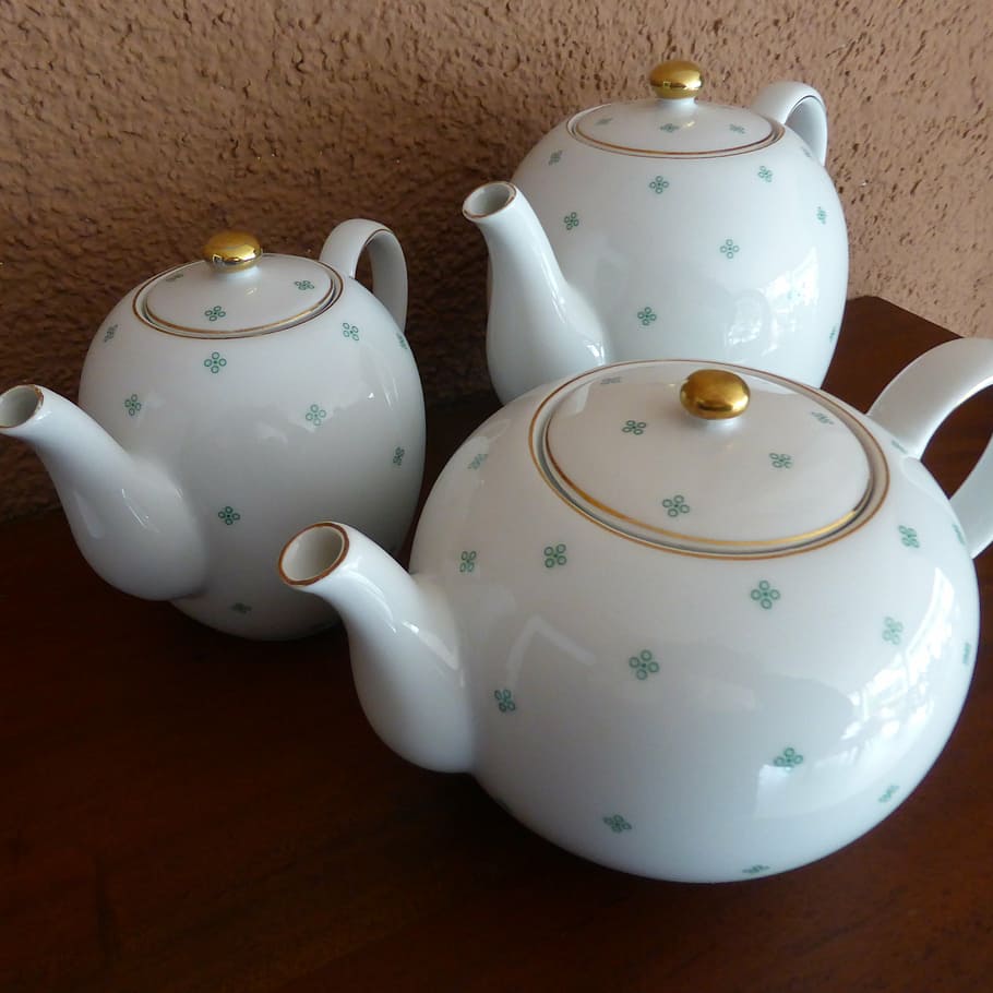 porcellana, vasellame, caffettiera, teiera, verde, bianca, bordo d'oro