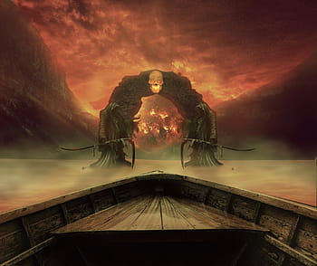 boat, front, skull arch illustration, lake, lacquer, hell, photoshop, adobe, adobe photoshop, manipulation, design