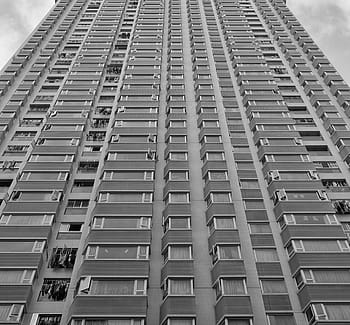 bottom view, gray, building, architecture, infrastructure, structure, establishment, apartment, windows, condominium, hotel